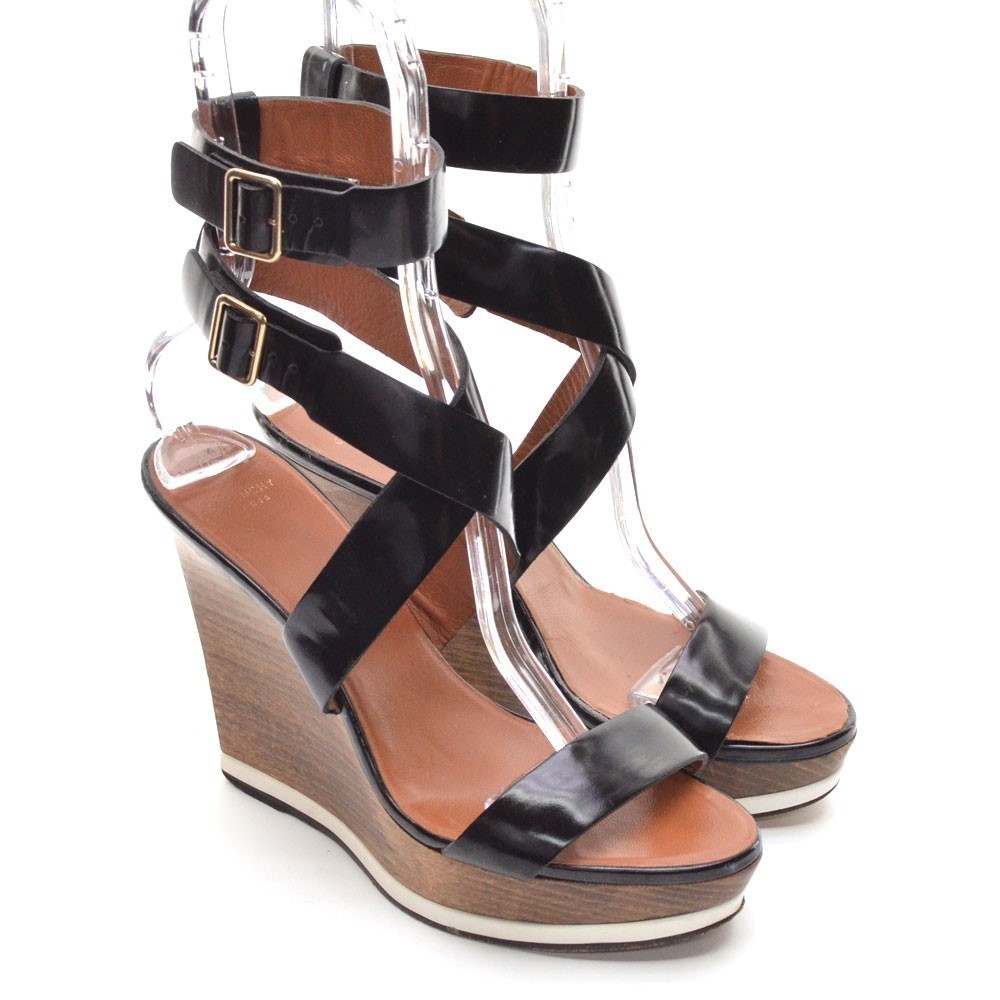 Givenchy Black Patent Wedge Heel Ankle Wrap Sandal 38.5
